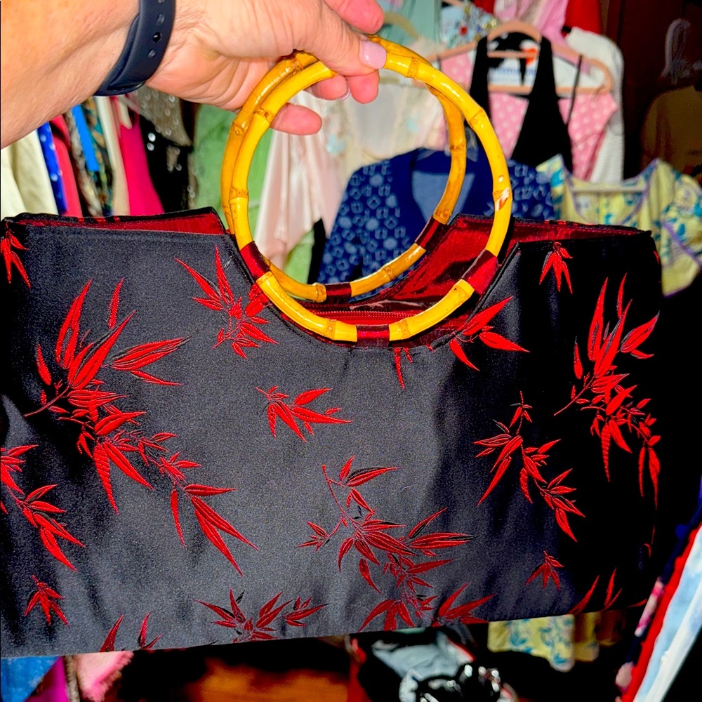 Vintage Silk Black and Red Bamboo Handle Bag